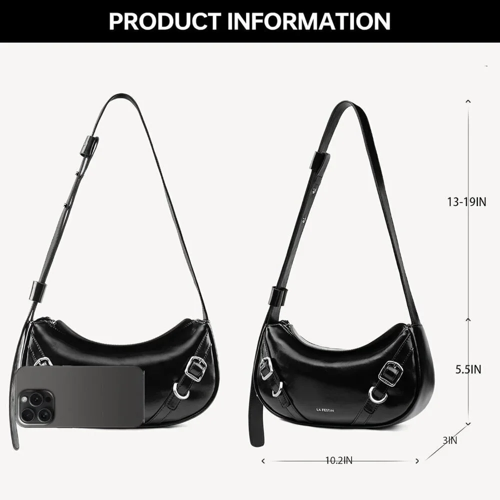 Women Onyx Black Soft Leather and polyester Hobo Bag with Adjustable Strap